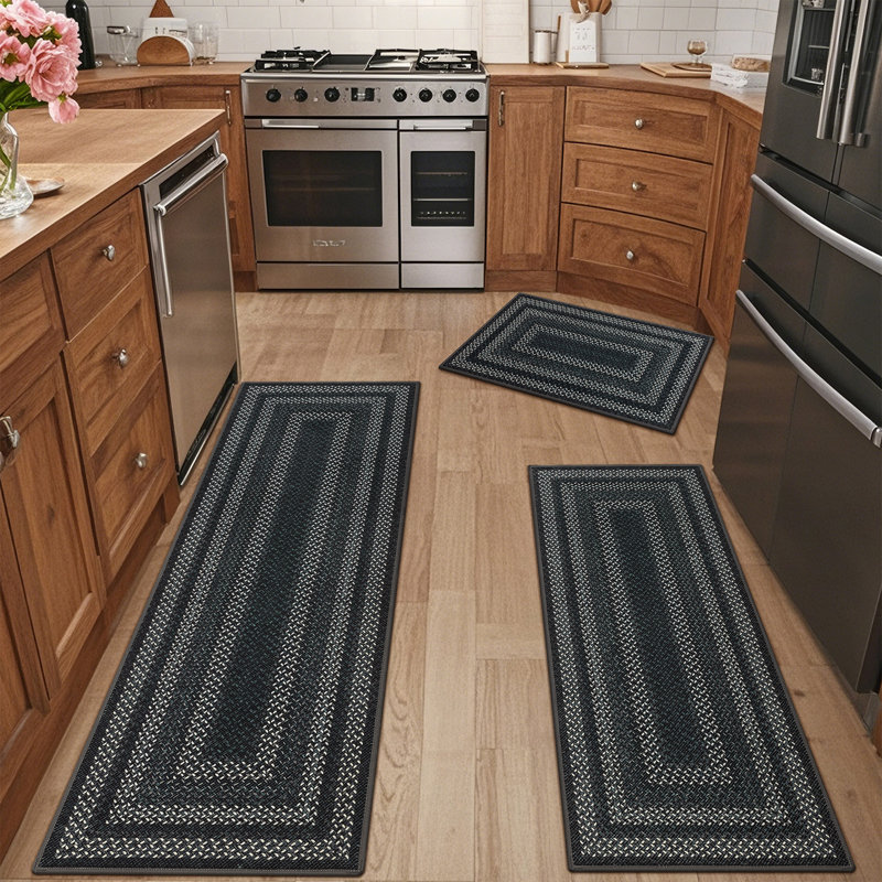Tapis de cuisine lavable à la machine avec envers antidérapant (ensemble de 3), Grey;Black