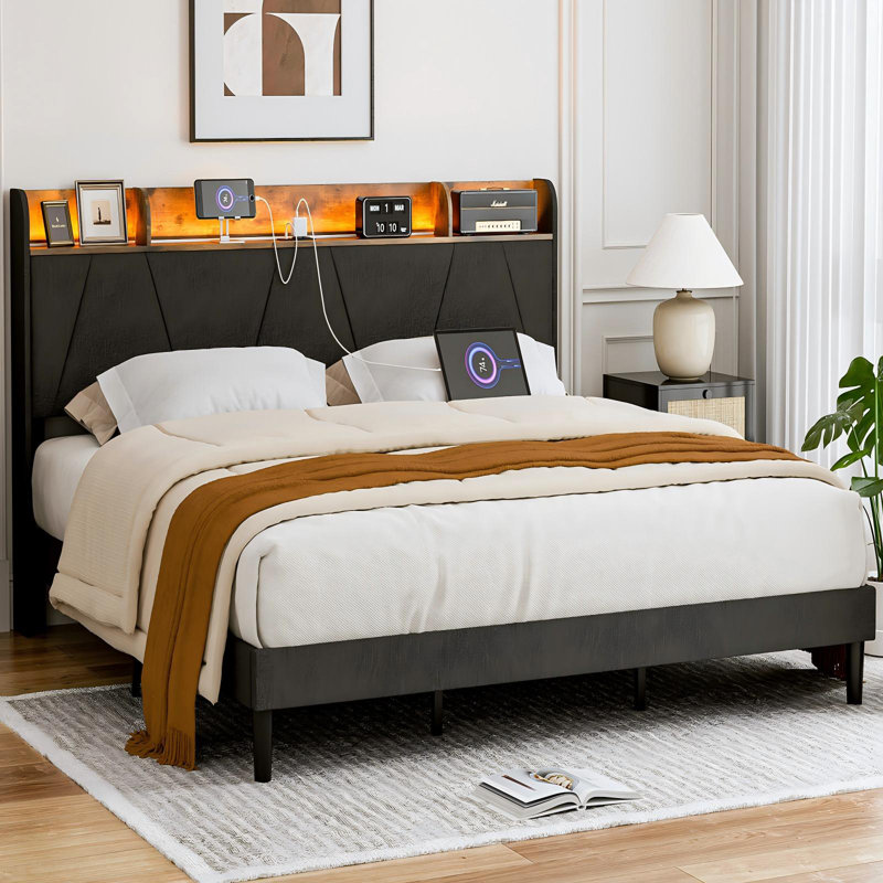 Gearl Upholstered Bed With Storage Shelf Headboard & Charging Station, Black, King