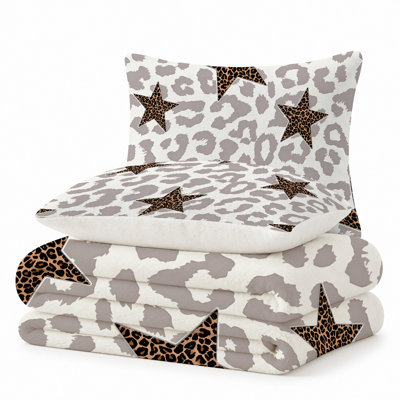 Premium Flannel Lightweight Blanket & 2 Pillow Shams Set with Leopard Print Stars on Beige & White, Ultra-Soft & Warm Cozy Bedding Set for All-Season, 60" x 80" Blanket + 2 Pillowcases Anti-Pilling & Machine Washable(Set of 3)