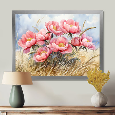 Doylene pivoines dans le champ d'herbe de blé III - pivoines, art mural