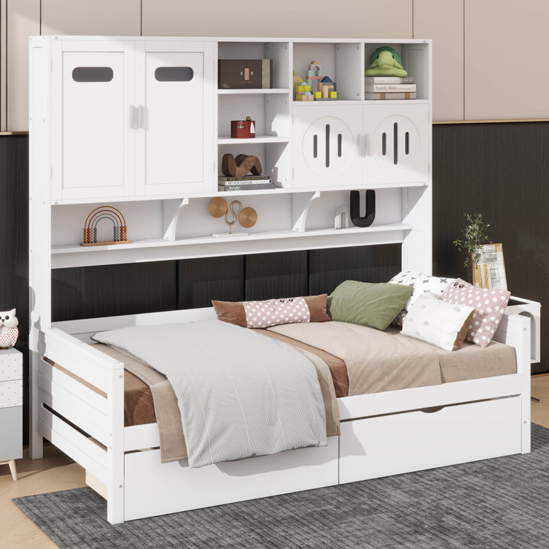 Lit de jour en bois avec tiroirs doubles et étagère, Lit simple, Blanc