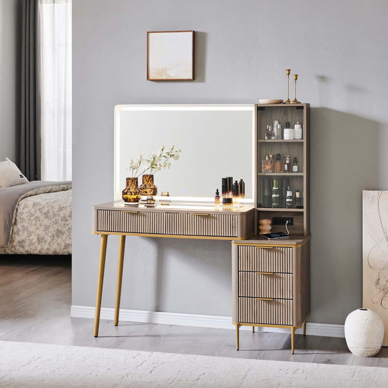 Zadia 48" Makeup Vanity with 36" Lighted Mirror, 4 Dressers & Charging Station & 3 Light Modes, Alder Gray