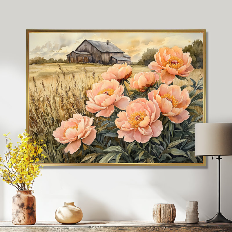 Dovil Farm, pivoines dans le bac à céréales IV - pivoines, art mural, Impression encadrée flottante, H 24 po x l 32 po, Doré
