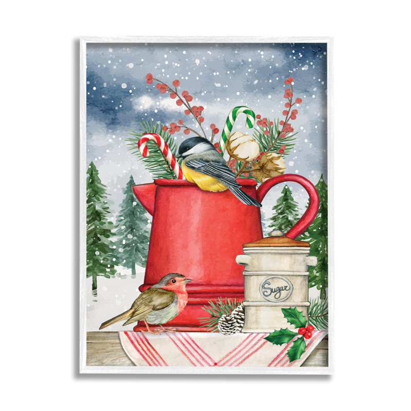 Hiver, oiseaux perchés, bouilloire, houx et sapins botaniques, estampe numérique encadrée, art texturé noir