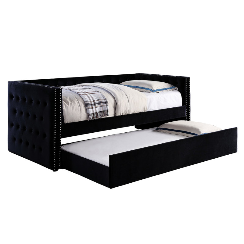 Lit de jour avec couchette avec revêtement en flanelle noire rembourrée, style transitionnel, design, bouton, garniture cloutée, ensemble de lattes rembourrées