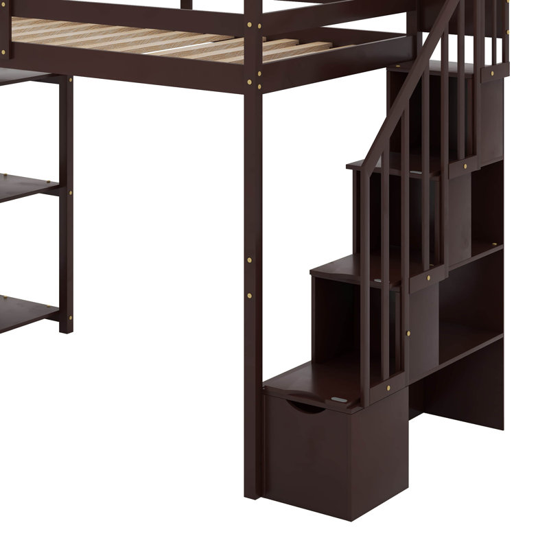 Lit mezzanine simple avec tiroirs et escaliers, Espresso