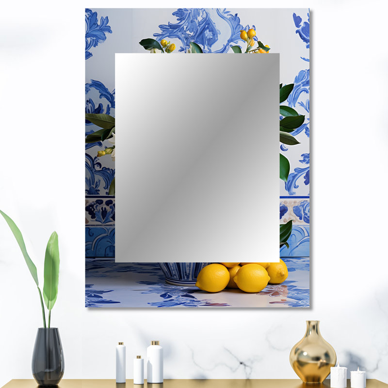 Greek tiles still life kitchen I - Boho Pottery Mirror, Traditional Unique Wall Mirror, Printed Metal Art, 40" x 30"
