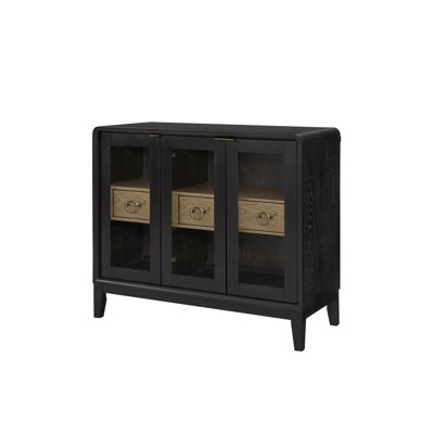 Porte en verre au fini poivre avec deux portes encadrées et tiroirs centraux pour le rangement de la salle à manger ou de l'espace de vie, verre massif + verre, 41,21 de profondeur, 18,18 de largeur, 35,77 de hauteur, 123,05 lb