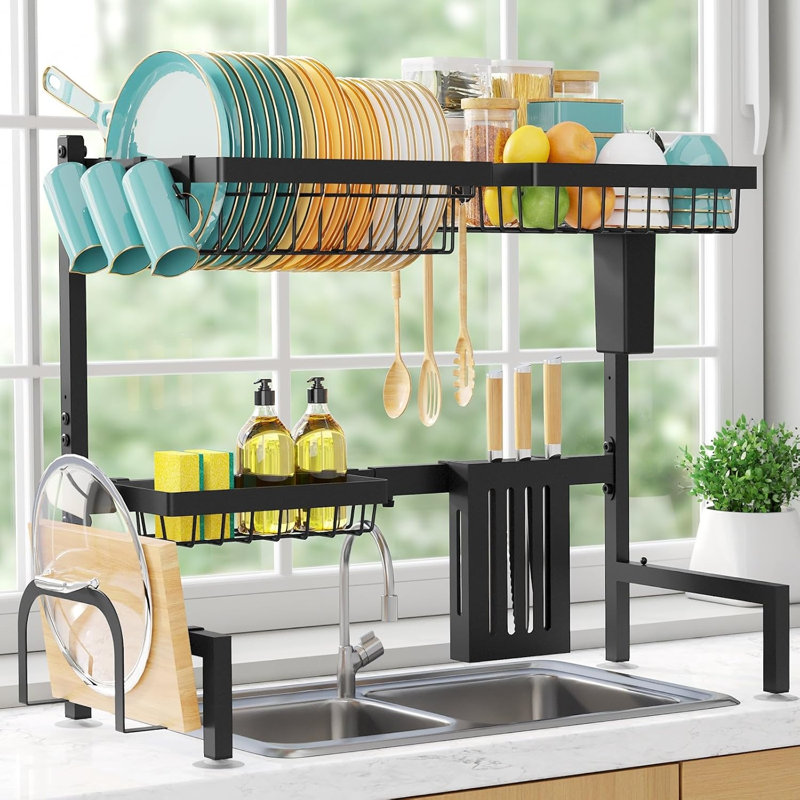 Over The Sink Dish Drying Rack - Adjustable 2 Tier Large Capacity Stainless Steel Drainer with Cutlery & Utensil Holders, Kitchen Storage & Organization