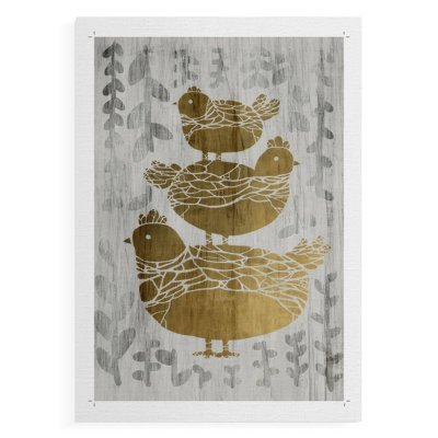 Three French Hens - Gold Leaf Holiday -Canvas Print Only - NOT FRAMED