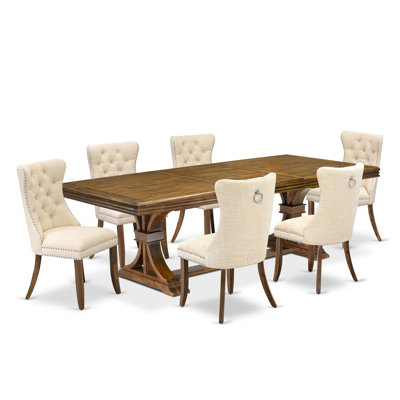 7 Pieces Dining Set Contains a Rectangle Kitchen Table and 6 Light Beige Polyester Fabric Modern Chairs, Antique Walnut