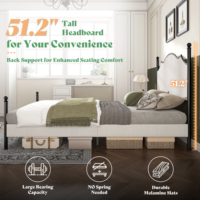 Lark Manor Upholstered Bed Frame With 51.2" Tall Headboard, Metal Four Poster/LED/Easy Assembly, White, Queen