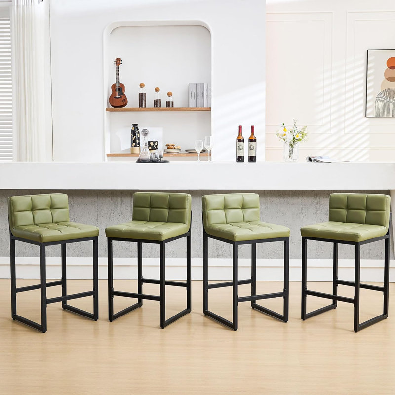 Tabouret de comptoir rembourré à dossier bas avec structure en métal épaissie pour îlot de cuisine, Vert, 4