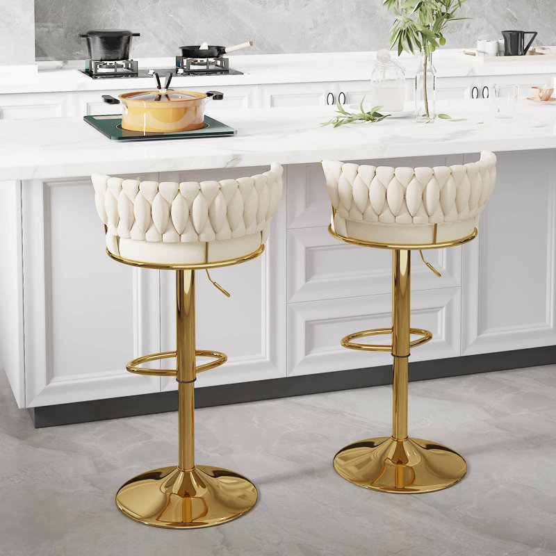 George Set of 2 Bar Stools with Woven Velvet Upholstered Backrest, Height Adjustable Counter Stools, Swivel Kitchen Stools for Kitchen Island, Bar, White