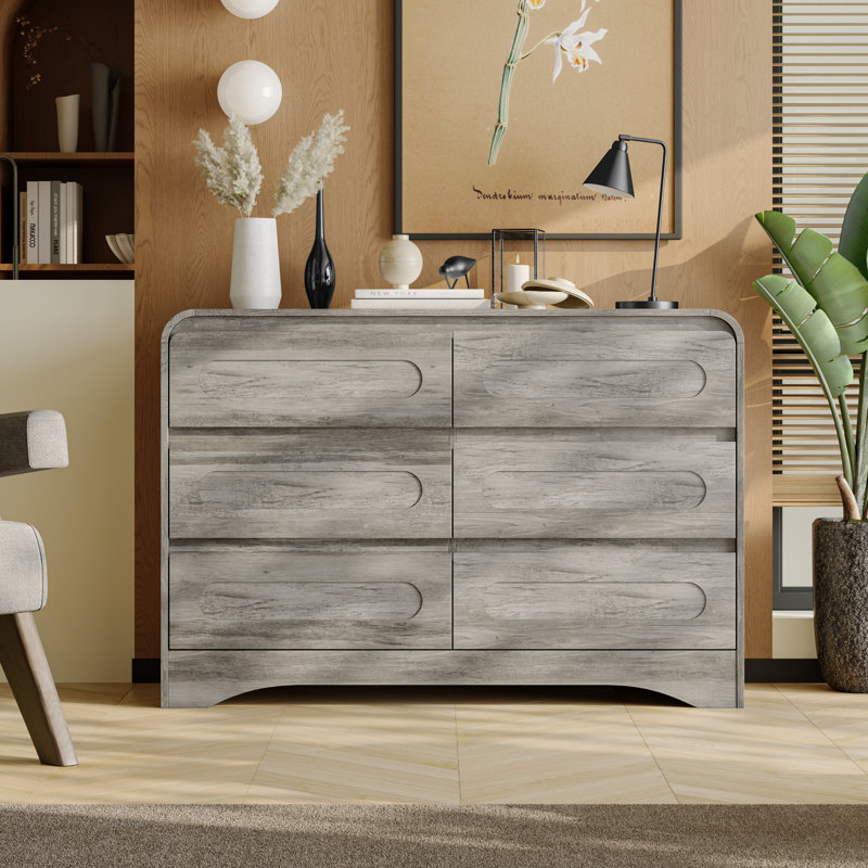 Commode pour chambre à coucher, commode de ferme de 47 po avec rangement, commode à 6 tiroirs, conception à bord courbé, commode de style maison de campagne pour chambre à coucher, salon ou couloir
