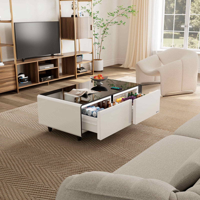 Biedel Smart Coffee Table with Fridge and Built in Wireless Charging, White