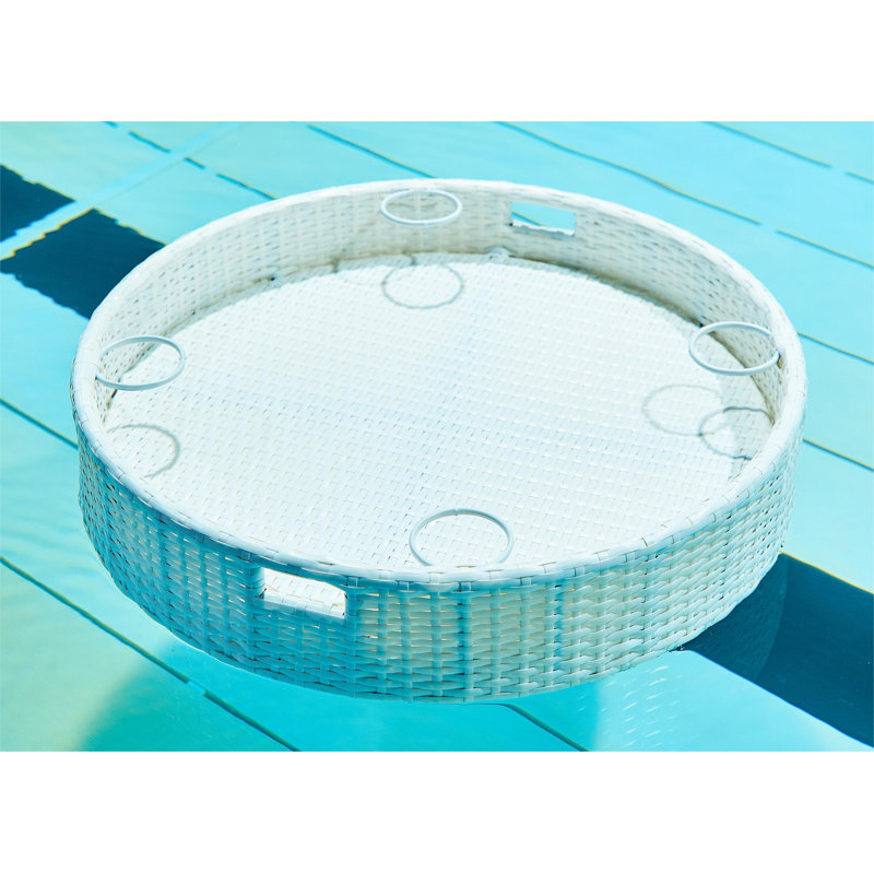 Hubhalsun Large Floating Tray for Pool, 35.4" Wicker Floating Serving Tray with Hole Design, Poolside Drink & Food Holder for Swimming Pools, Spas, Backyard Parties, White