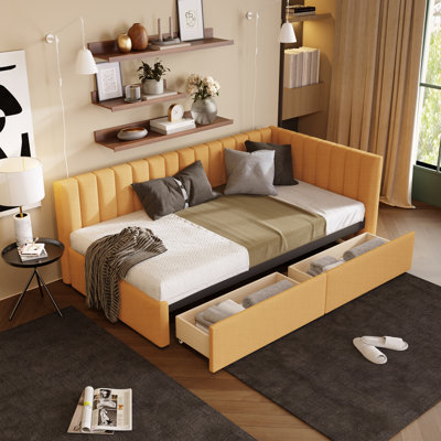 Upholstered Daybed With 2 Spacious Storage Drawers, Sofa Bed Frame, No Box Spring Needed, Soft Linen Fabric For Comfort And Style