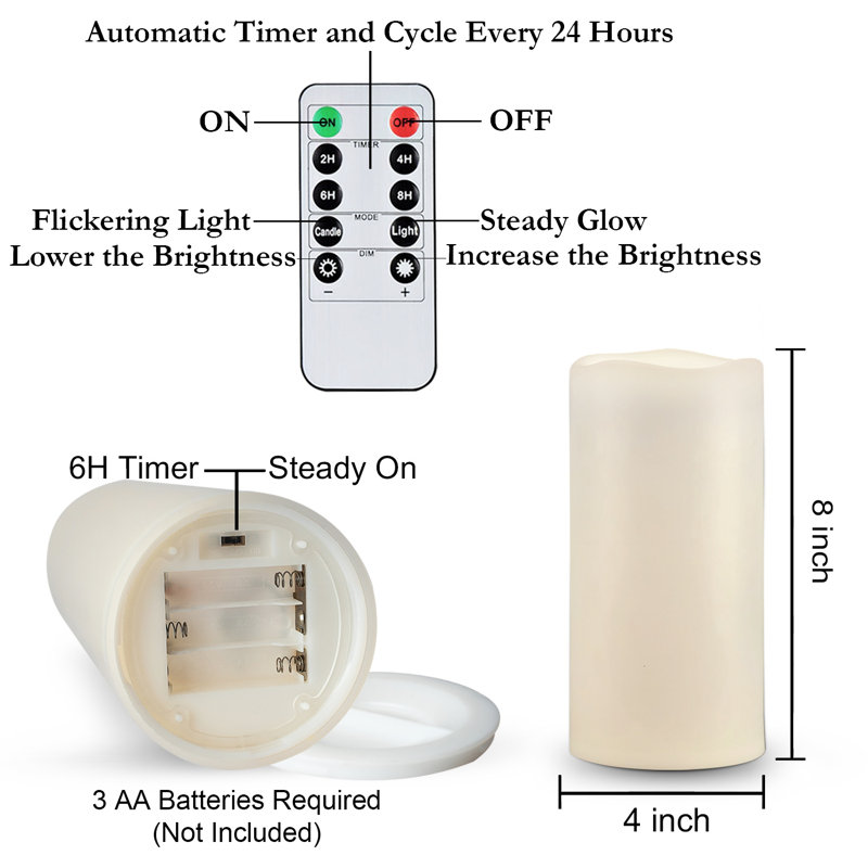 Plastic Weather-Resistant Flameless Pillar Candle with Remote, 8" H x 4" W x 4" D