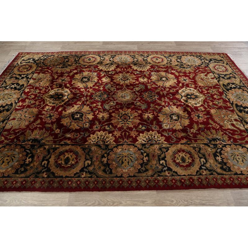 Tapis décoratif en laine rouge/noir 5 pi 10 po x 8 pi 10 po one-of-a-kind noué à la main