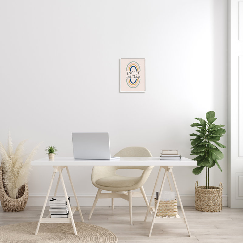 «Expect Good Things», phrase d'arc-en-ciel - art textuel sur toile, Giclée encadrée blanc bord de mer