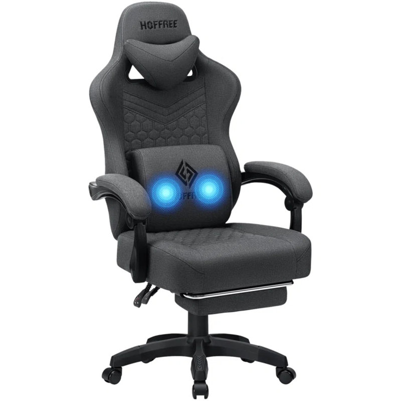 Fauteuil inclinable ergonomique en tissu et jeu de course avec coussin lombaire vibrant, Gris