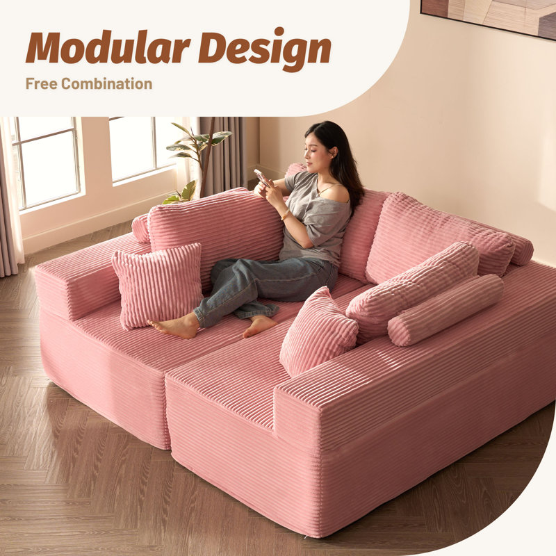 Modular Sofa for Living Room, L-Shaped Left Chaise, 272cm Foam Sofa System for Living Room, Corduroy,, Pink, 4-seat