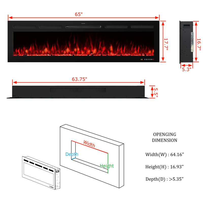 Abria Smart Electric Fireplace Inserts, 17.7" H x 65" W x 5.5" D