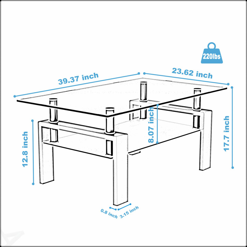 Table basse rectangulaire moderne en verre noir avec surface transparente et beaucoup de rangement pour les salons élégants