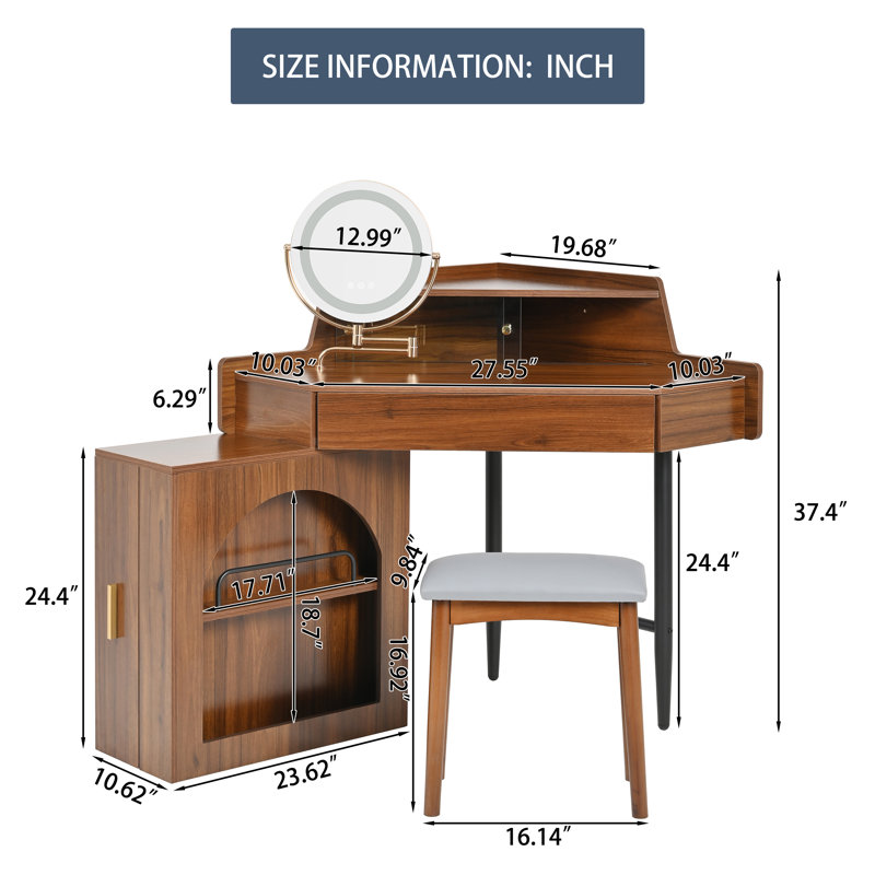 55.9" Corner Vanity Desk with Tri-Fold LED Mirror, Adjustable Lighting Dressing Table with Storage Shelf & PU Stool