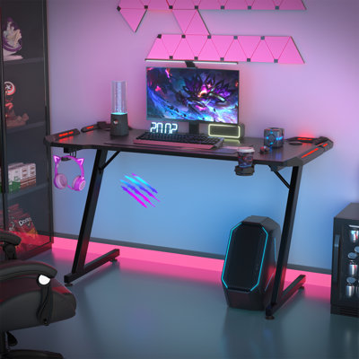 Black Gaming Desk LED Light Computer With Headphone Hook and Cup Holder Home Office Desk