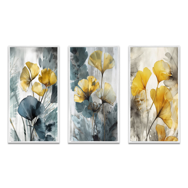 «Palm Tropical Ginkgo Artwork», 3 pièces, Cadre flottant blanc, H 40 po x l 60 po