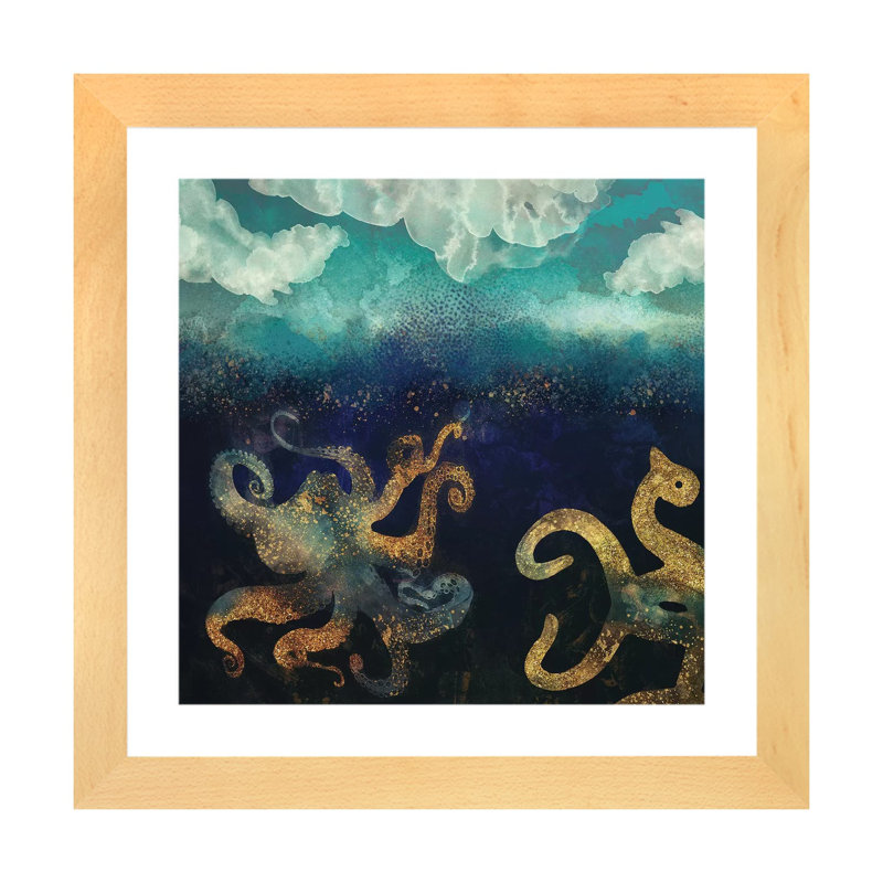 Underwater Dream II - impression d'art graphique, Papier avec cadre beige, H 16 po x l 16 po x p 1 po, Blanc