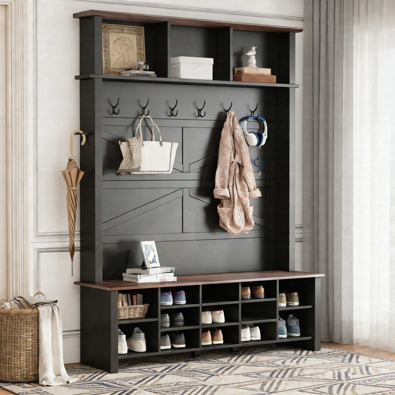Farmhouse 4-In-1 Hall Tree With Bench, 6 Hooks & 16 Open Compartments, Entryway Shoe Organizer, Black