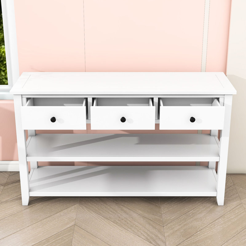 Exton Mid-Century Console Table with Storage Drawers and Open Shelves, Antique White