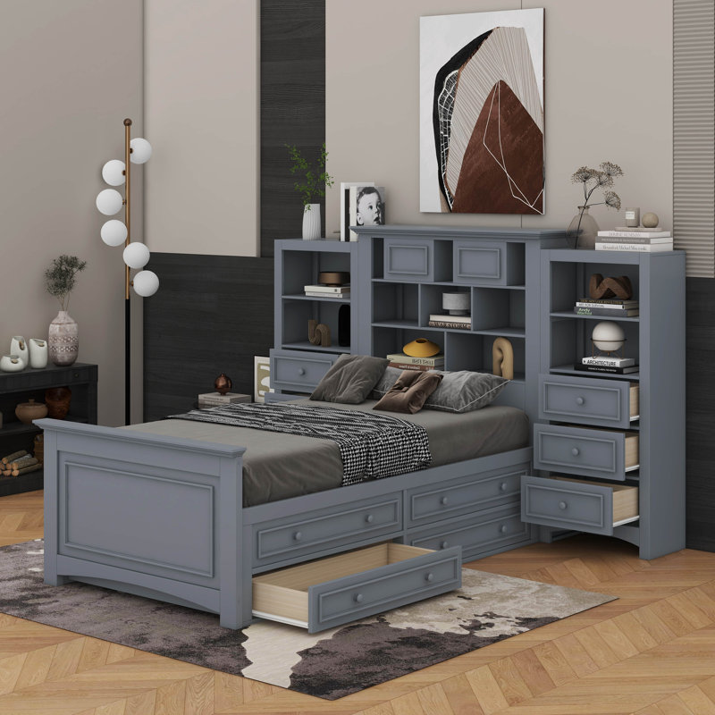 Lit plateforme simple en bois avec armoire verticale et 4 tiroirs de chaque côté, Gris
