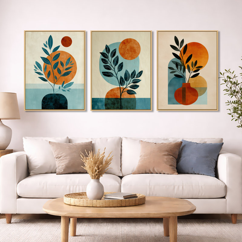 «Blue and Orange Bohemian Minimalist Geometric Plant - Abstract Botanical», art mural encadré 3 pièces, H 32 po x l 72 po