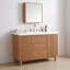 Meuble-lavabo moderne en grain de bois avec lavabo en résine, pied de support central réglable, portes et tiroirs à fermeture en douceur