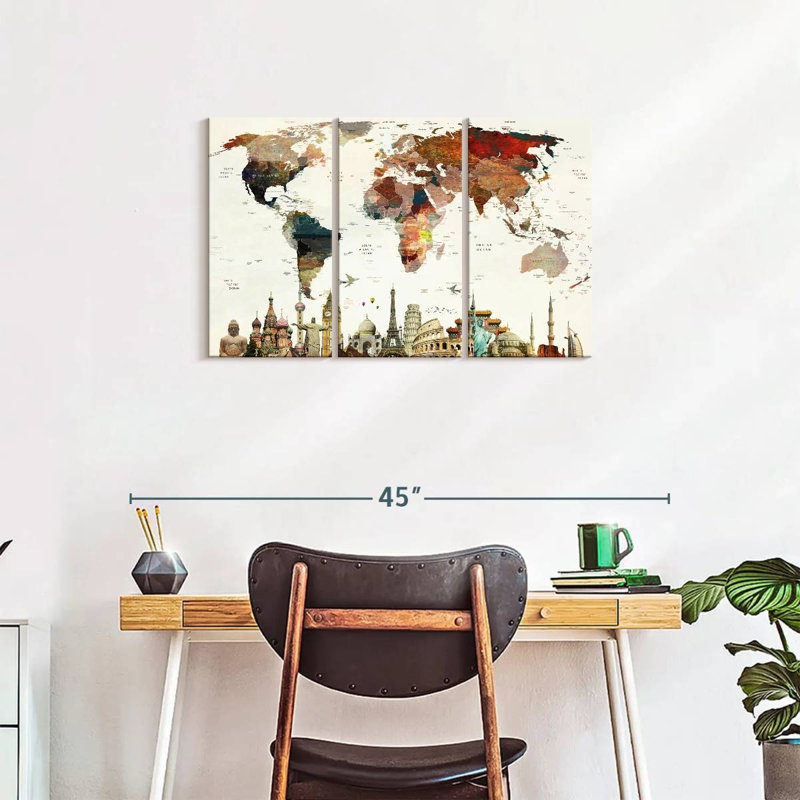 Carte du monde avec taches colorées 3 pièces, H 33 po x l 20 po x P 1,25 po