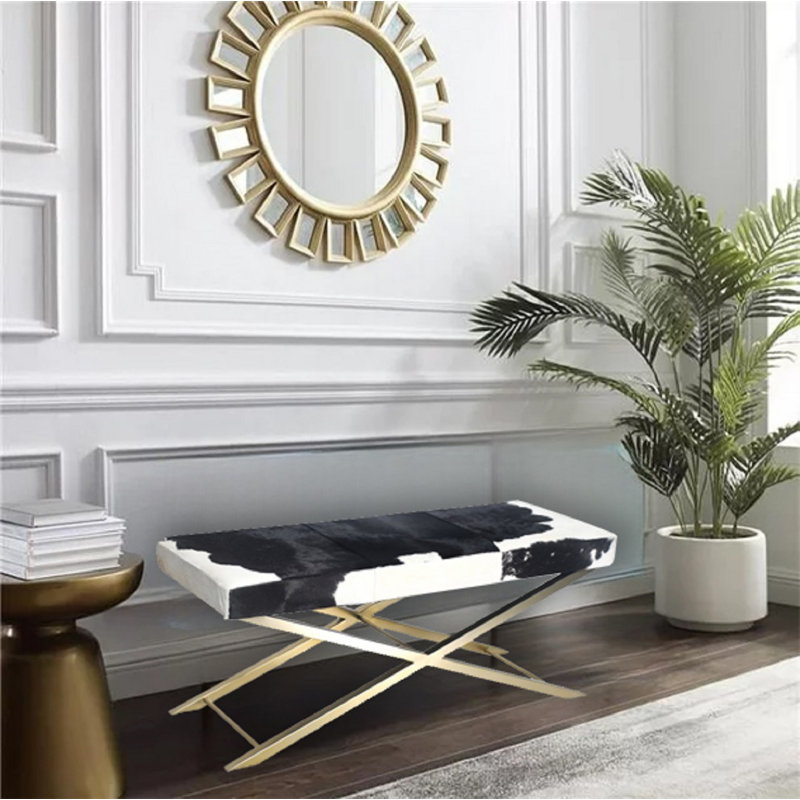 Banc en cuir de vache Najibah, Or, Noir / blanc