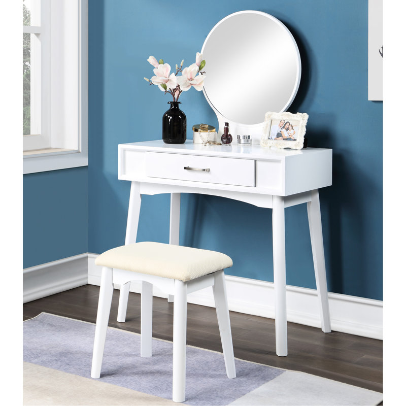 White Vanity And Stool - Fashionable Functional Meet Your Beauty Requirements By Contemporary Look For Living Space With Tapered Legs Round Mirror Metal Glide Drawer Solid Wood Material