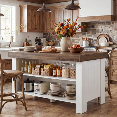 Wood Kitchen Island With Storage Shelf, 55.12" Farmhouse Kitchen Prep Table For Dining Room