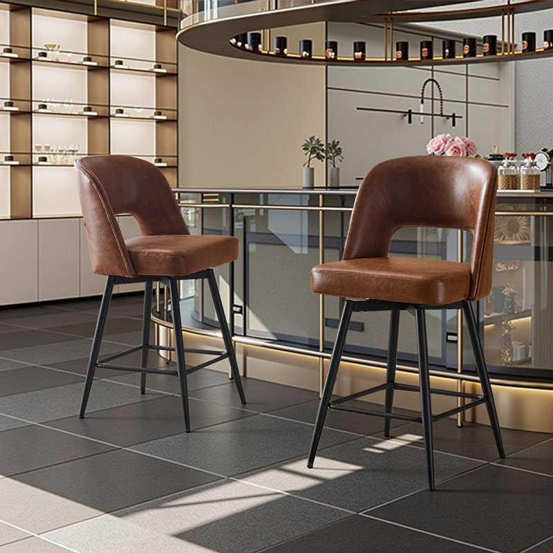 Set Of 2 PU Leather Bar Stools With Hollow Backrest, Iron Legs, Swivel, Brown