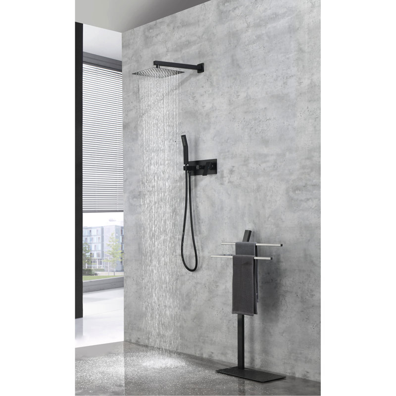Matte Black Shower System Kit - 10" Rainfall Head And Handheld , Luxury Bathroom Brass Faucet , , Includes Rough-In Valve Self-Cleaning Nozzle 10 Inch With Rain Mixer , Wall Mounted, Included,