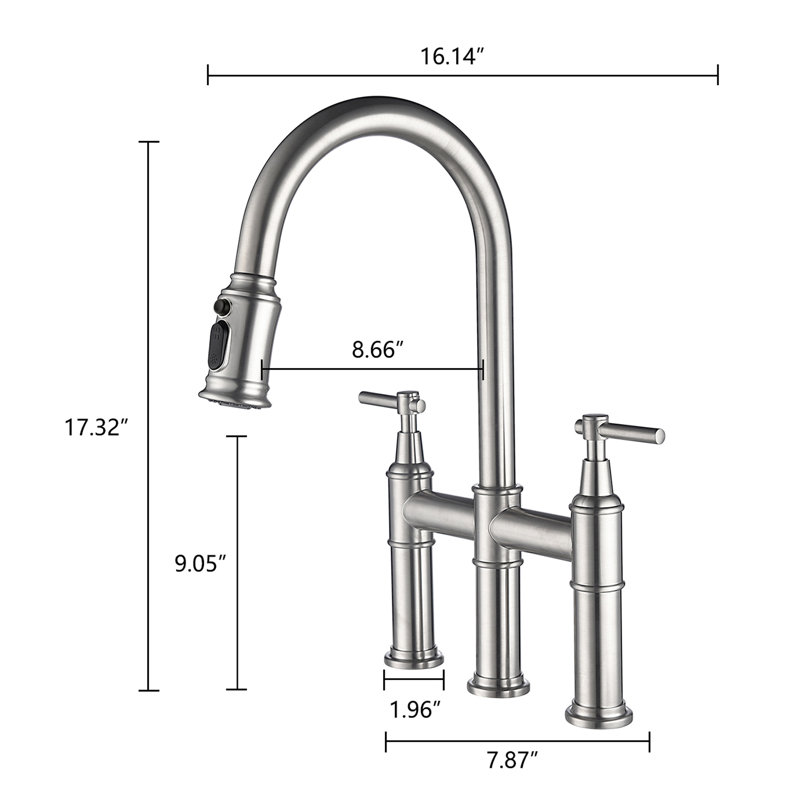Brushed Nickel Bridge Kitchen Tap With Pull-Down Spray Function, Dual Handle For Easy Water Flow & Temperature Control, 360 Rotatable High Nozzle, Brass, Noise- Splash Aerator Faucet In Nickel,