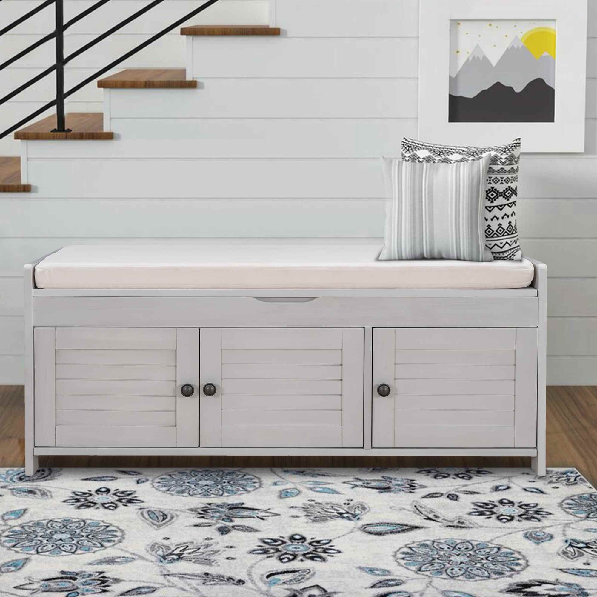 43.5 Shoe Storage Bench with Cushion, Entryway Storage with Hidden Storage Red Barrel Studio Color/Pattern: White