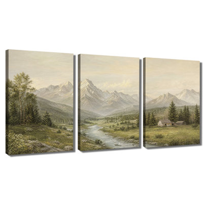 Toile, art mural rétro, montagne européenne, rivière, chalet, paysage champêtre, décoration murale
