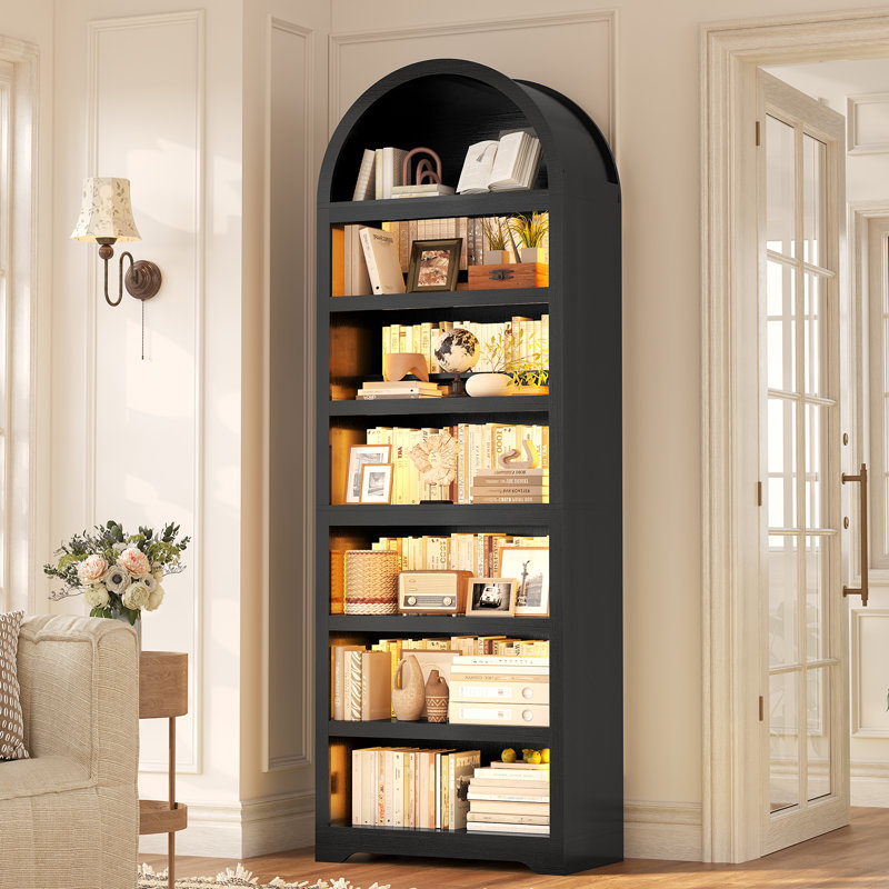 79.4" Tall Arched Cabinet, Modern 7-tier Bookcase With Led Light And Adjustable Shelf For Living Room, Kitchen, Home Office, Black