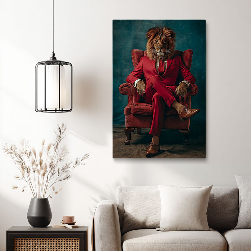 Cadre fantaisiste tendu d'art mural en toile fantaisiste «Lion en costume rouge» pour Eclectic Studio