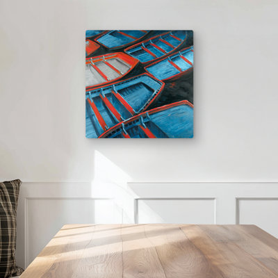 Small Blue and Red Canoes - Marine Blue Metal Print Decor